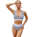 Leopard print cross banded bikini swimsuit with V-neck split design and adjustable straps