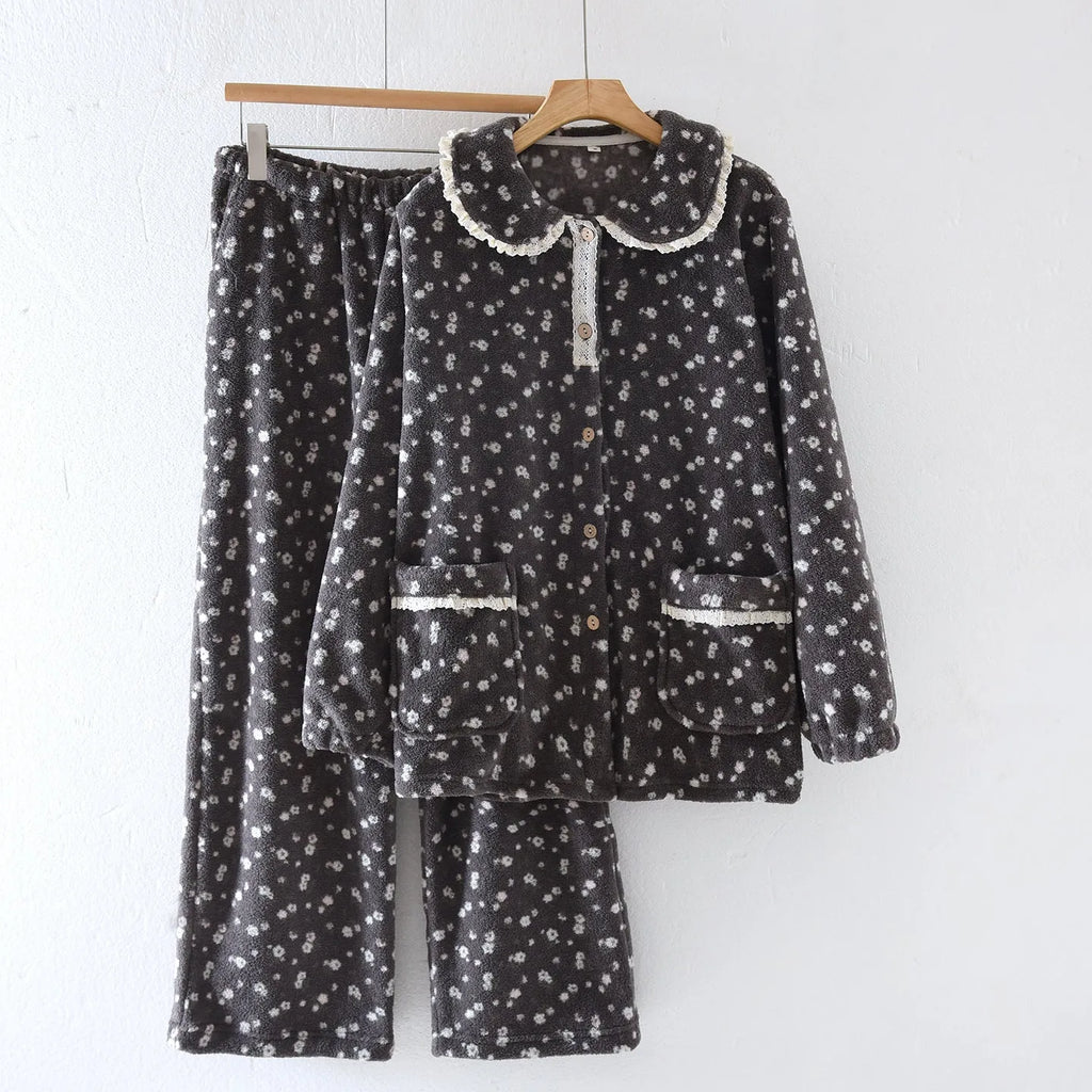 Women's jacquard velvet pyjama set in Rococo Gray, long sleeve top and trousers, size M-3XL, warm loungewear.