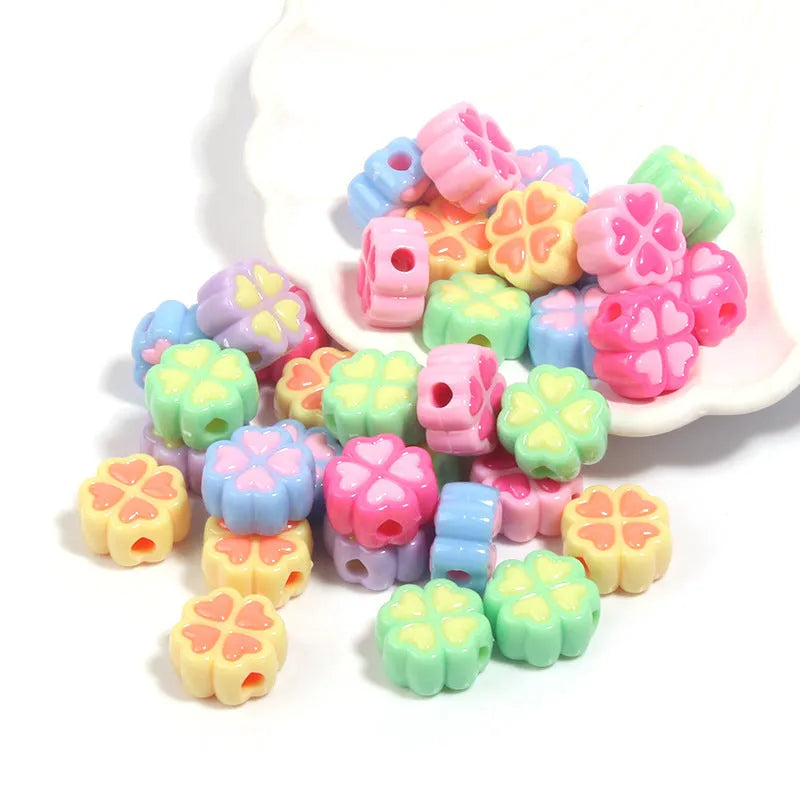 15mm frosted acrylic four-leaf clover beads in mixed colours including rose red, pink, yellow, green, blue, and purple