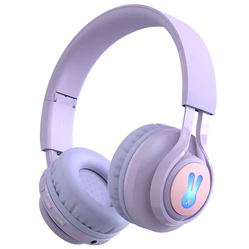 Wireless children's headphones with glowing RGB ears in bunny purple colour