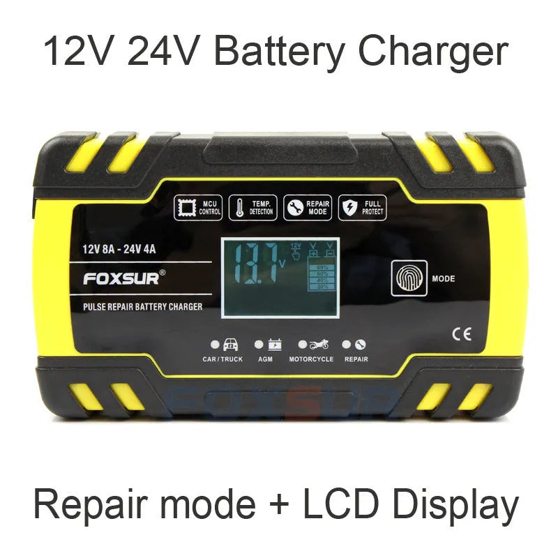 Motorcycle and truck battery charger with digital display showing charging parameters