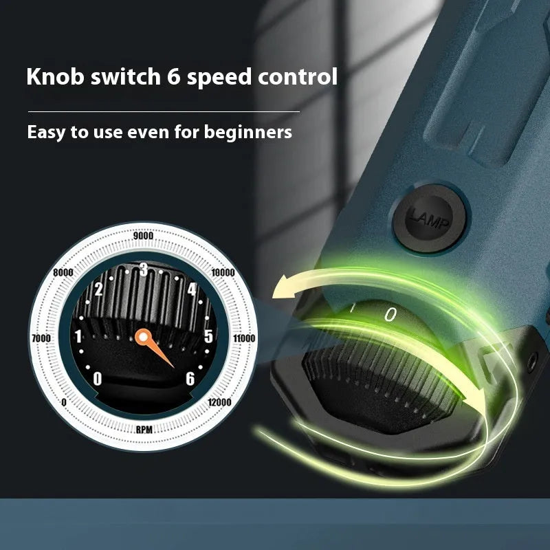 Dark blue pet nail grinder with rotary speed knob and LED light on a white background.