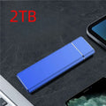 Sapphire blue portable external solid state hard disk drive with metal shell next to a USB cable.