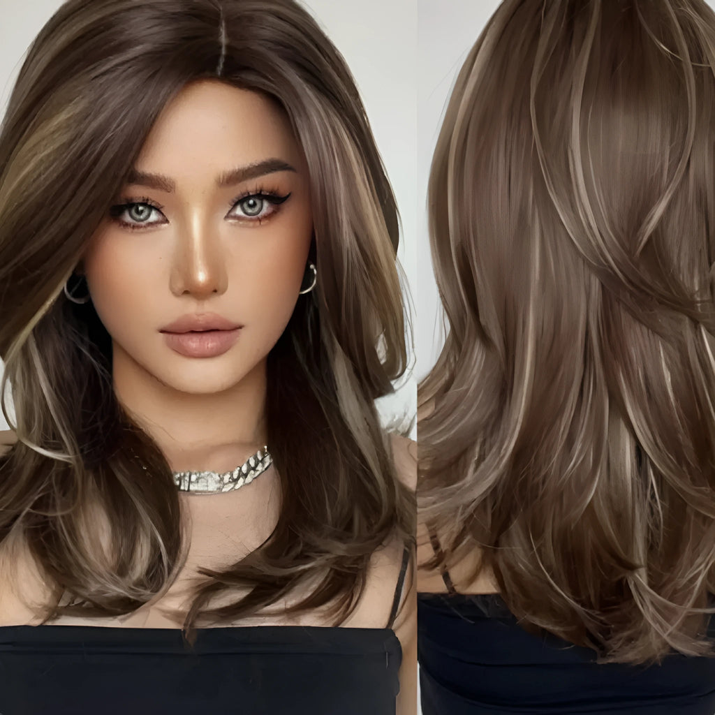 Mid-length synthetic wig with gradient colour and long curly style with bangs