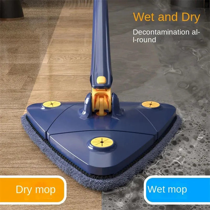 Blue extendable triangle mop with rotating head and stainless steel pole for floor and wall cleaning
