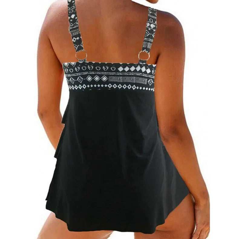 Women's plus-size split swimsuit with two-shoulder straps and bow detail in picture colour