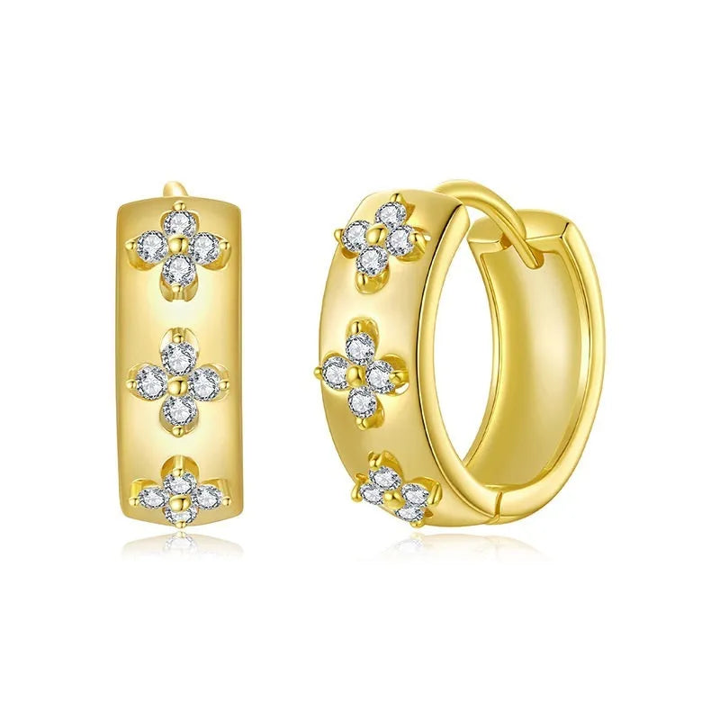 S925 sterling silver earrings with moissanite inlay and a three-petal grass design, unisex pair