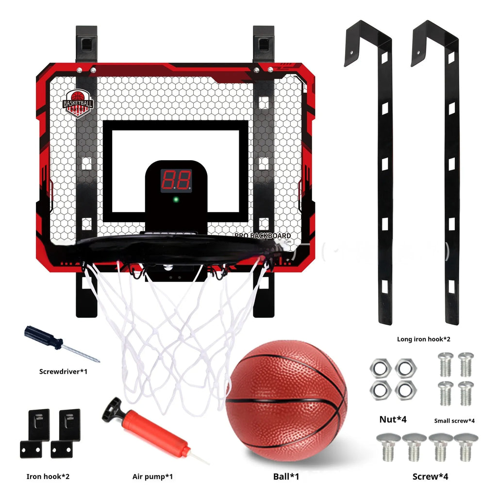 Red folding basketball frame with 400x300mm panels, 25cm frame height, and suction cup installation for indoor use