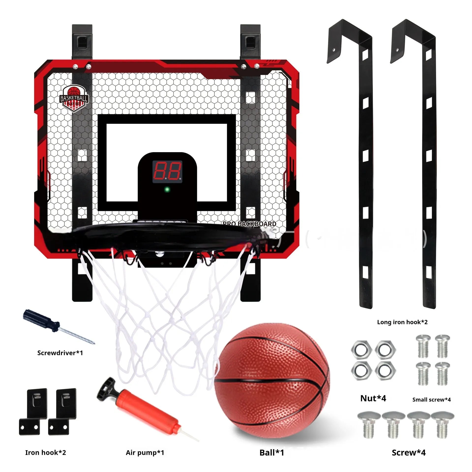 Red folding basketball frame with 400x300mm panels, 25cm frame height, and suction cup installation for indoor use