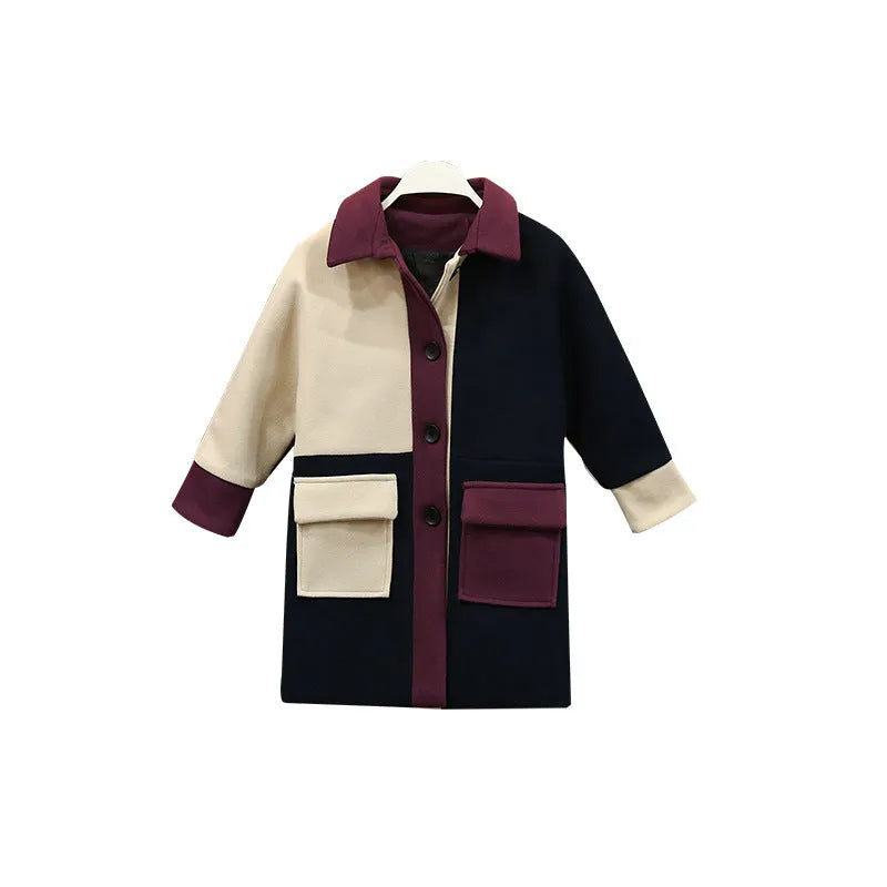 Big kids Korean woolen coat in purple contrast colour, long sleeve plain design, sizes 110-160cm
