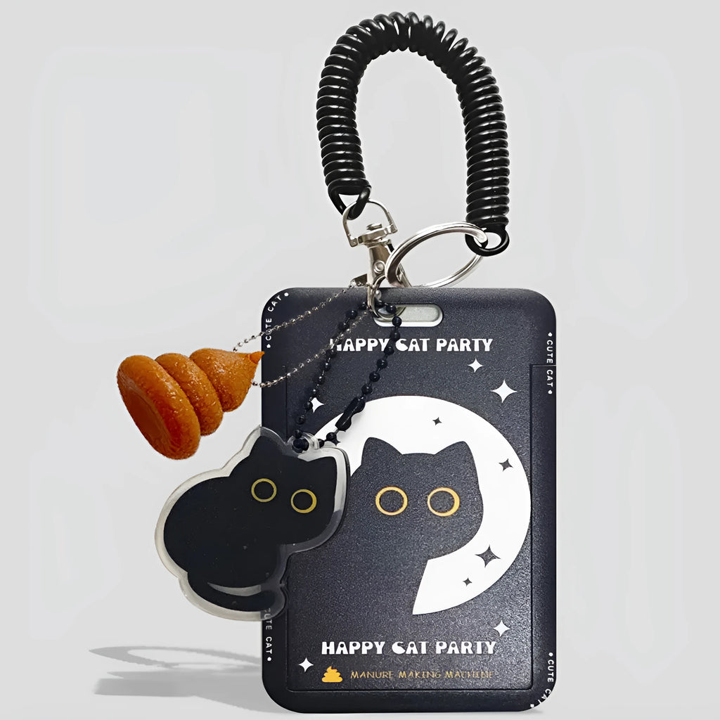 Plastic card holder with black cat cartoon design and pendant for bus cards and student IDs