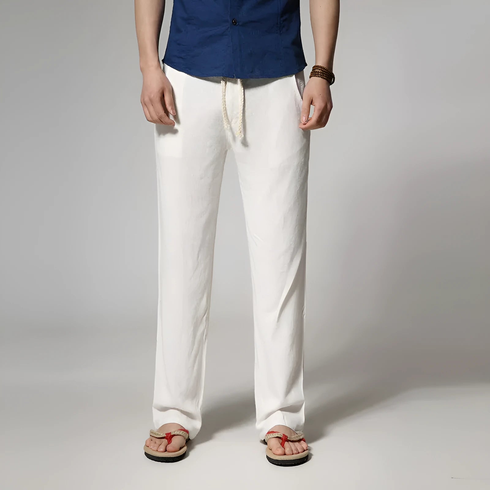Men's stone-washed cotton linen straight-leg casual trousers in khaki colour