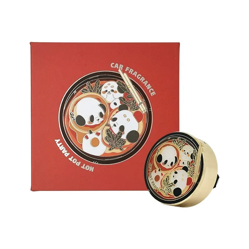 Panda hot pot shaped car air freshener diffuser mounted on a car vent with diatomaceous earth fragrance tablets