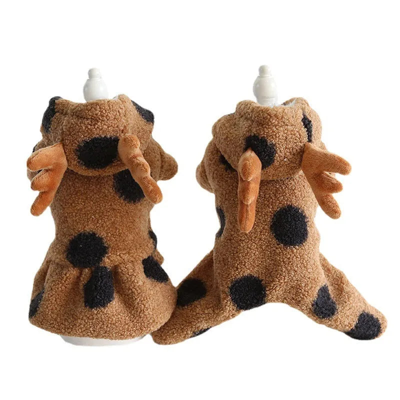 Petstyle big polka dot elk couple clothes for cats and dogs showing skirt and four-leg style options