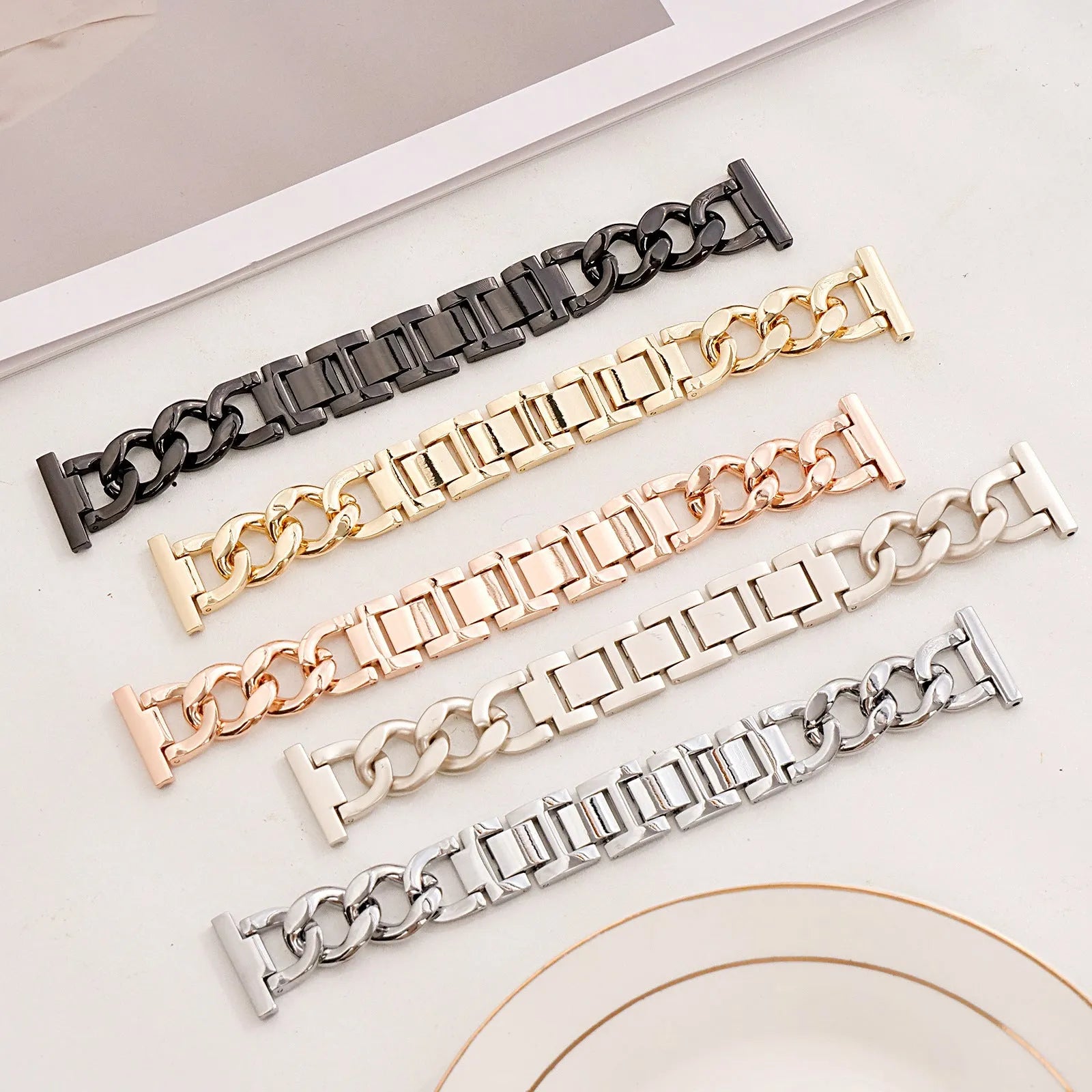 Denim chain metal Apple Watch strap in silver, black, gold, rose gold, or Starlight colour for 38-49mm cases