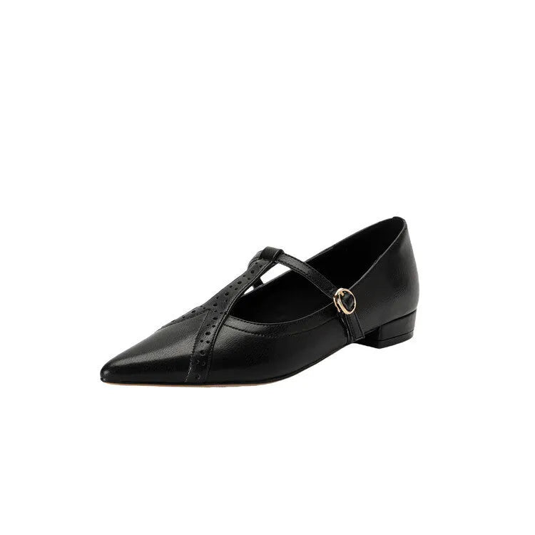 Brown women's rounded toe cowhide flat shoes with a low heel on a neutral background.