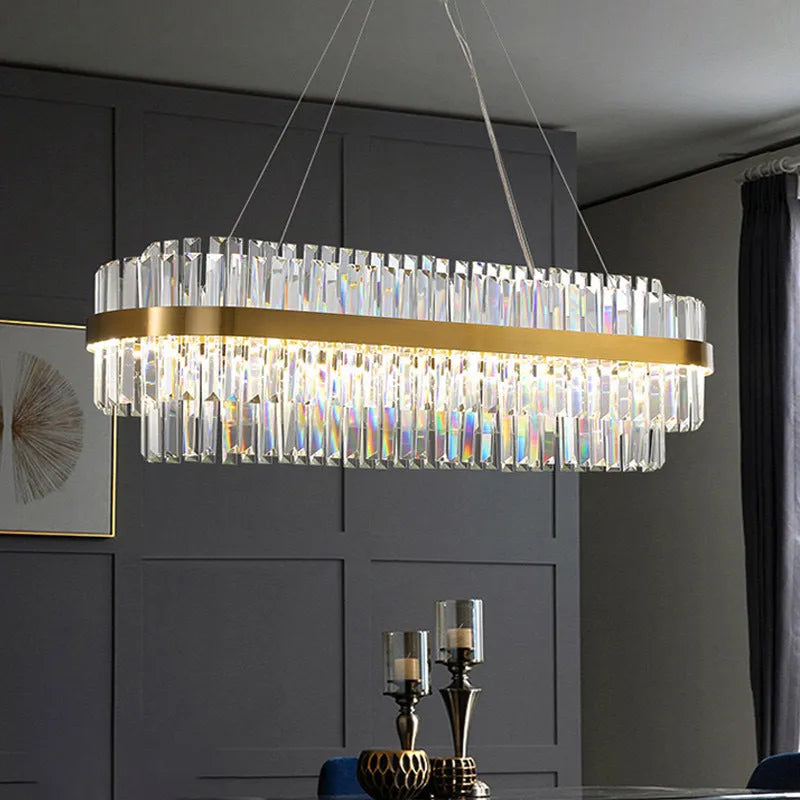 Stainless steel crystal chandelier ceiling light with adjustable height and three-colour LED lighting