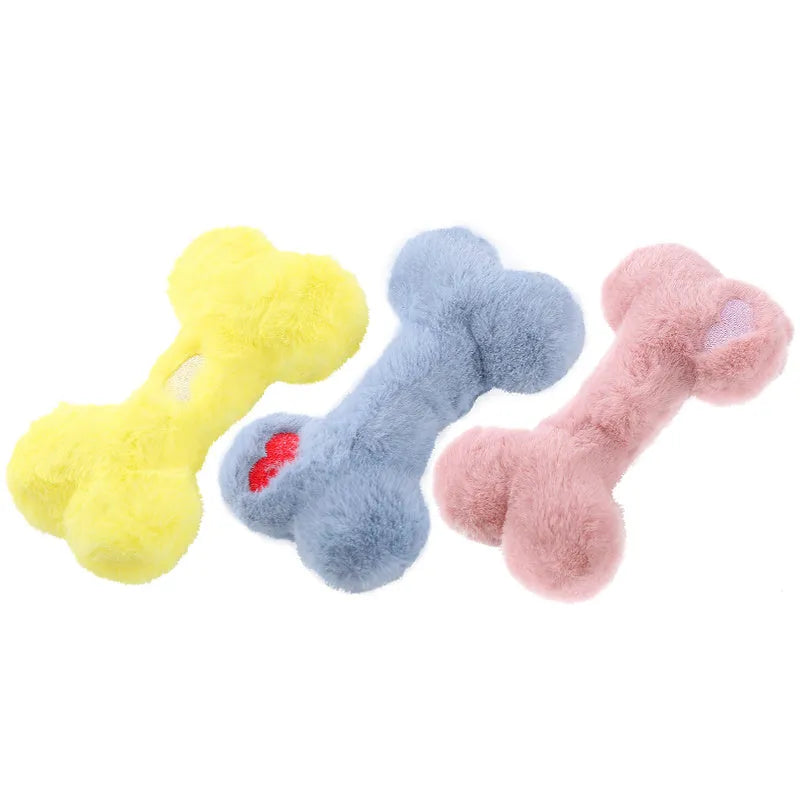 Blue plush bone dog toy with sound feature for interactive play and teeth grinding