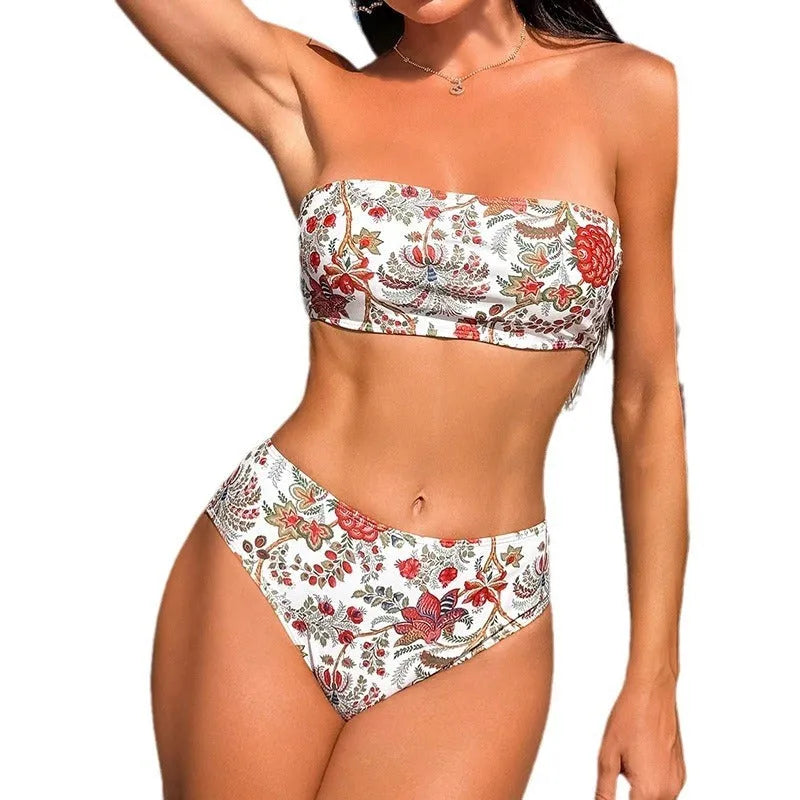 Women's printed bandeau swimsuit set with triangle top and adjustable tie sides for swimming