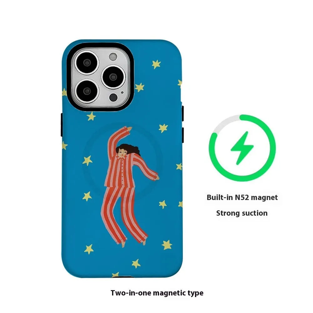 Feilin magnetic phone case with funny pajama girl XINGX illustration, frosted back cover for Apple iPhone 11 to 16