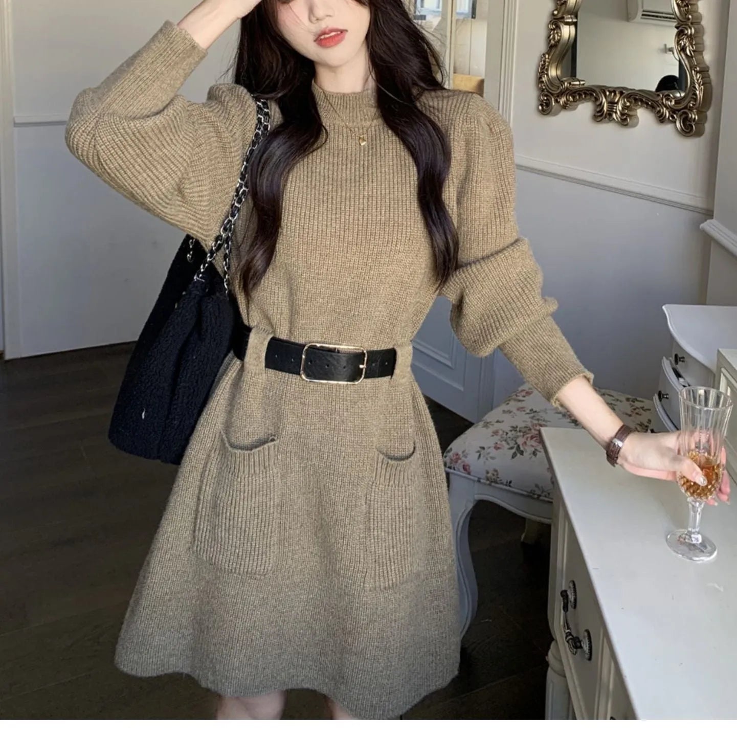 Women's long sleeve loose knitted dress with high waist and black belt in various colours