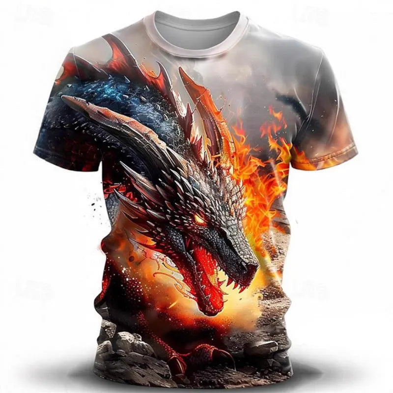 Men's 3D wind dragon printed short-sleeved T-shirt in milk silk fabric, sizes S to 5XL