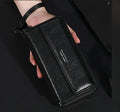 Men's black PU leather wallet showing multiple card slots, measuring 19cm by 10.5cm