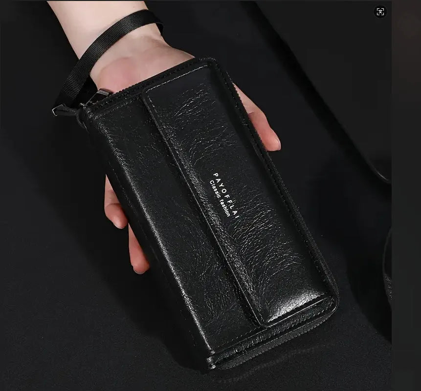 Men's black PU leather wallet showing multiple card slots, measuring 19cm by 10.5cm