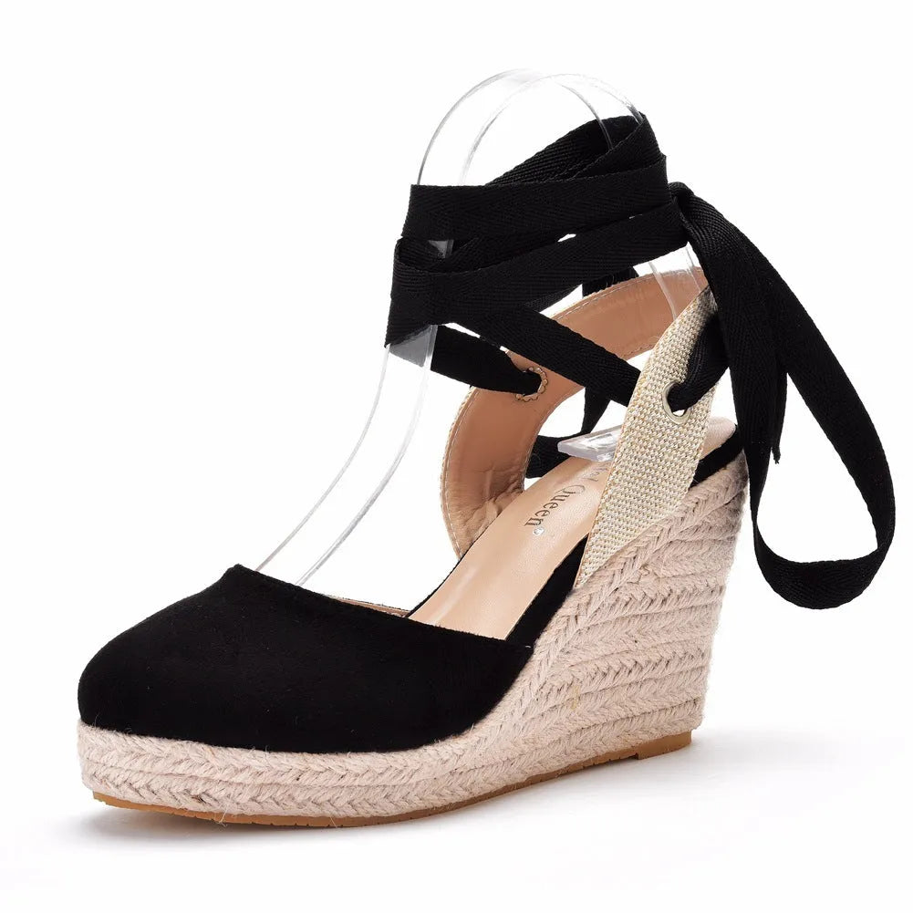 Women's bohemian wedge sandals with beaded tassels, 10.5cm heel, adjustable buckle, in red colour