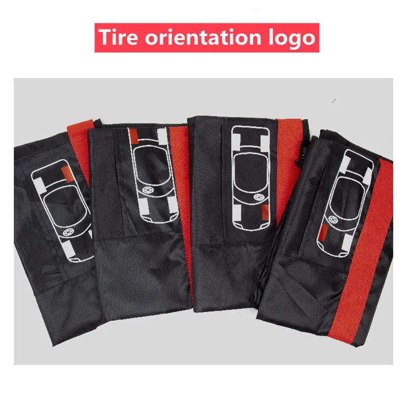 Set of four Oxford Cloth polyester car tyre protective covers in Black Belt and Red Belt styles, shown in S and L sizes.
