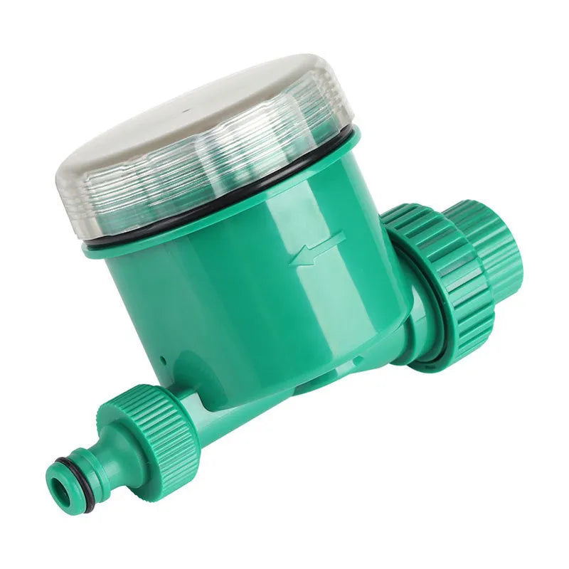Green automatic watering timer device for drip irrigation systems with household water flow compatibility