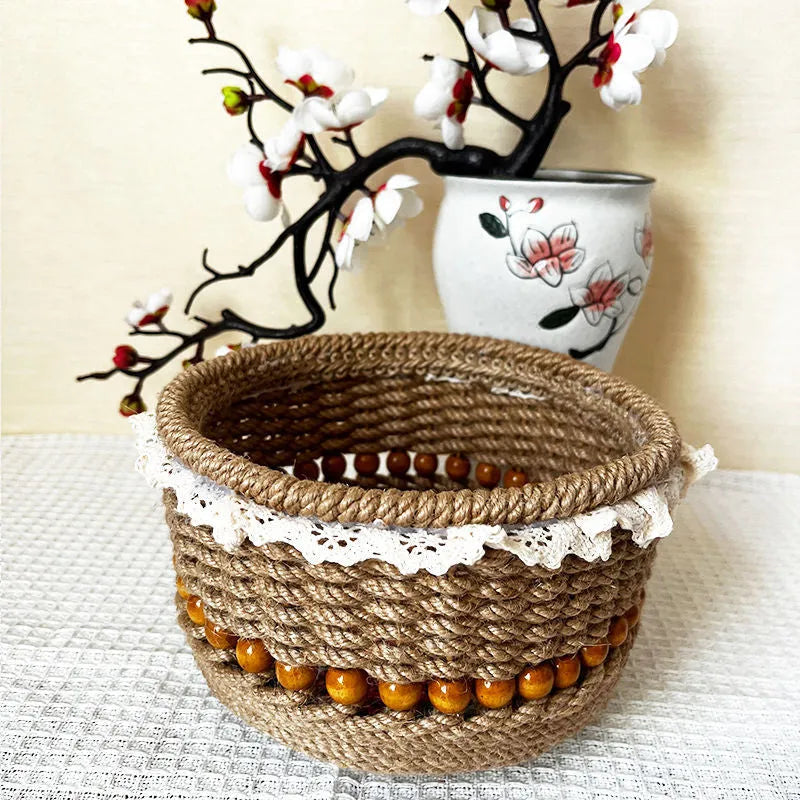 Brown hand-woven storage basket, 17 x 11cm, Oxford cloth, hollow retro tabletop organiser