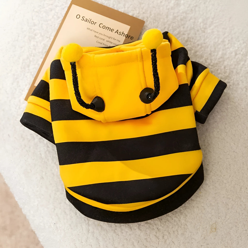 Yellow and black striped bee antenna hoodie for small dogs and cats with flexible antennae and back belt hook