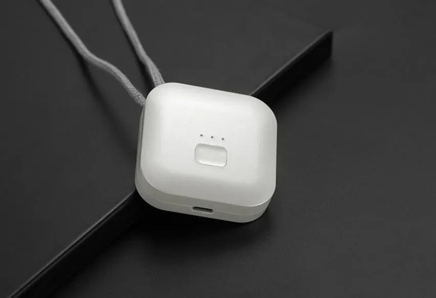 USB mini portable air purifier necklace in blue, showing compact design with USB charging port