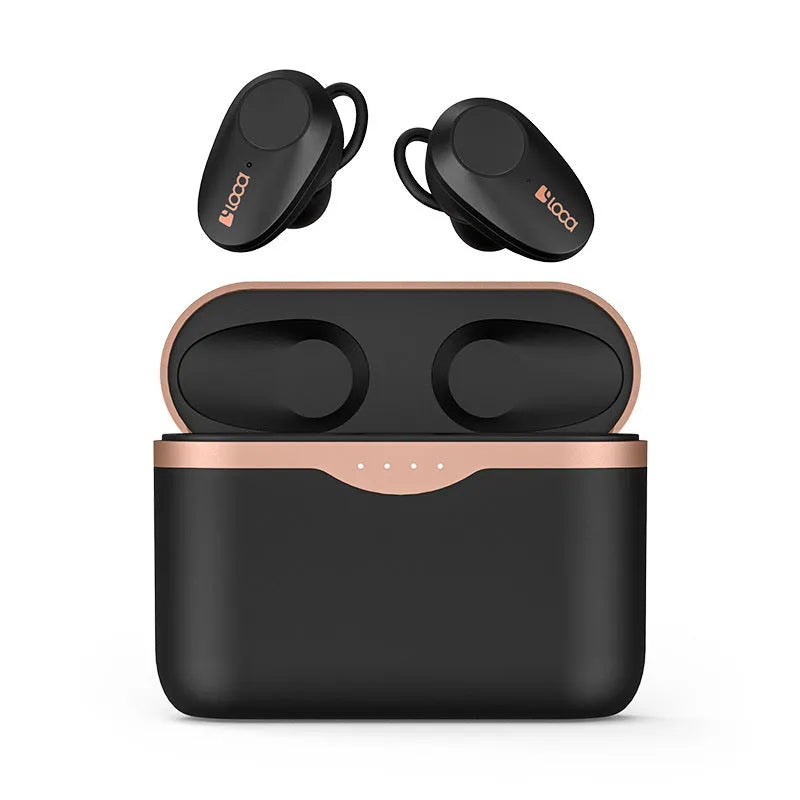 Black wireless Bluetooth earbuds with ANC and a wireless charging stand.
