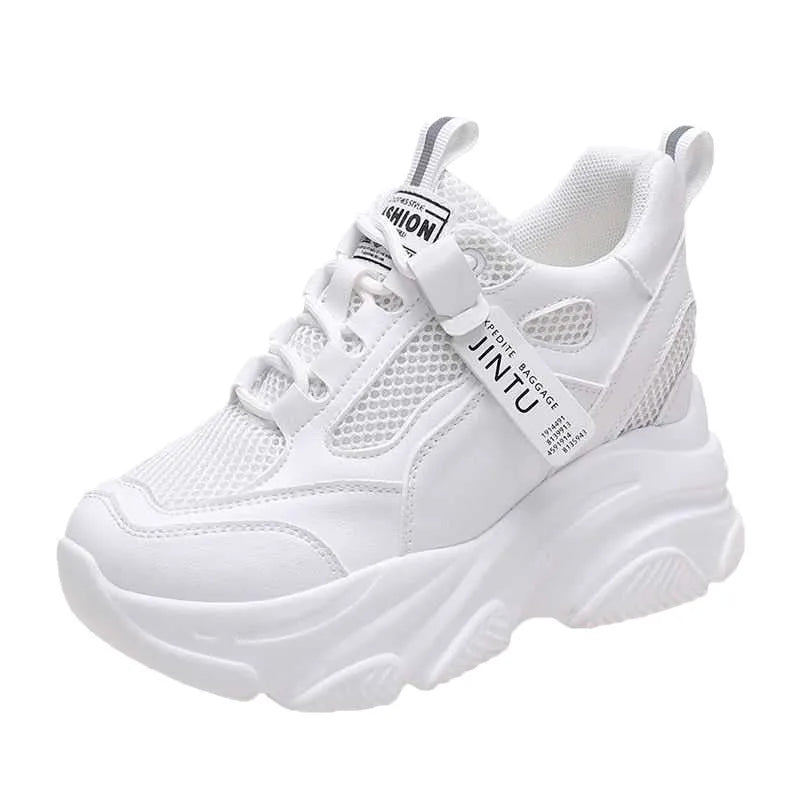 Women's black casual platform shoes with mesh upper, toe holder detail, and hollow-out design on a white background.