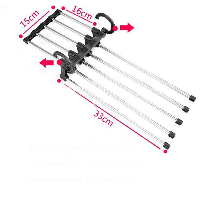 Black stainless steel 5-in-1 multi-functional trousers hanger with five booms on a clothes rack