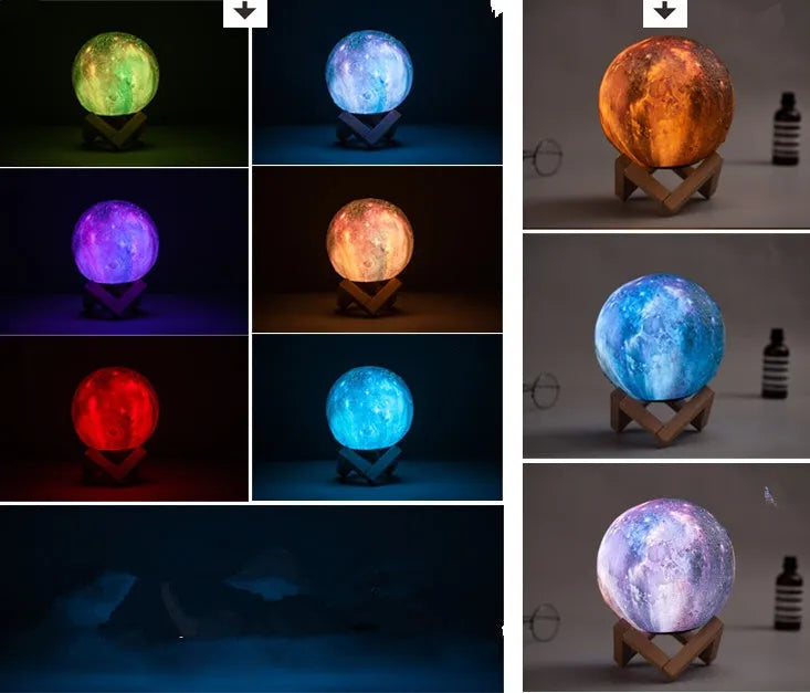 3D-printed lunar night light with LED colours, remote control, and touch sensor on wooden table