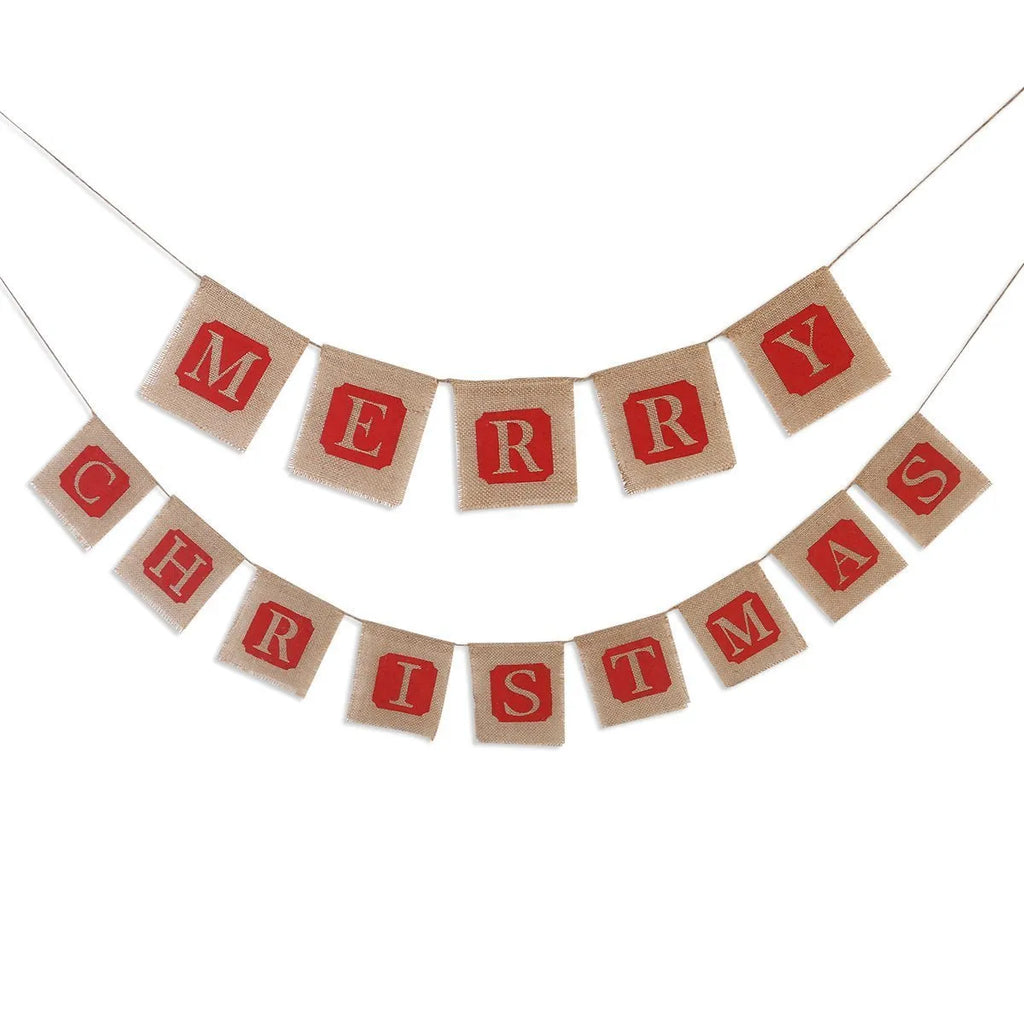 Brown and red burlap Christmas banner with 14 flags measuring 12x13cm each on string