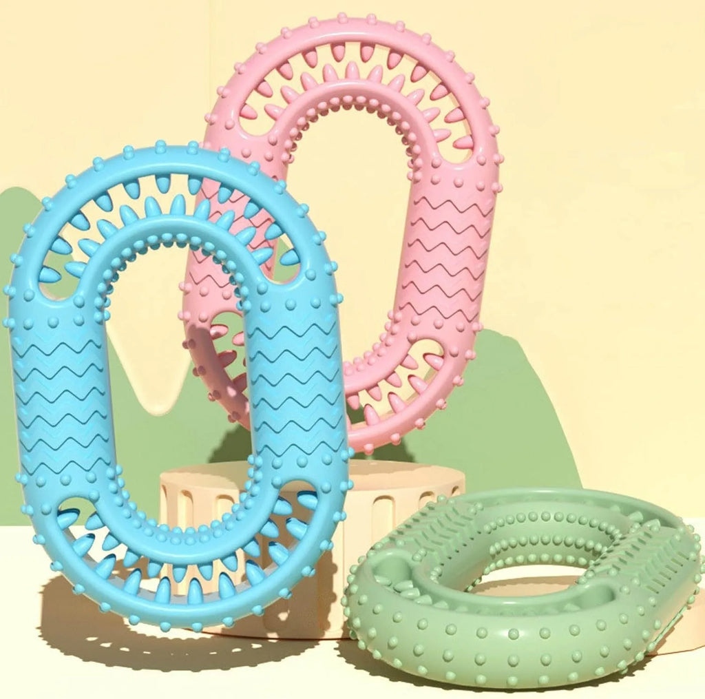 Blue O-ring shape pet toy for dog chewing teeth, measuring 12.5cm by 8.6cm, on a white background