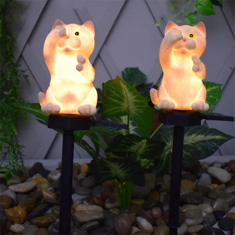 Brown cat-shaped solar lawn light with LED illumination for garden decoration