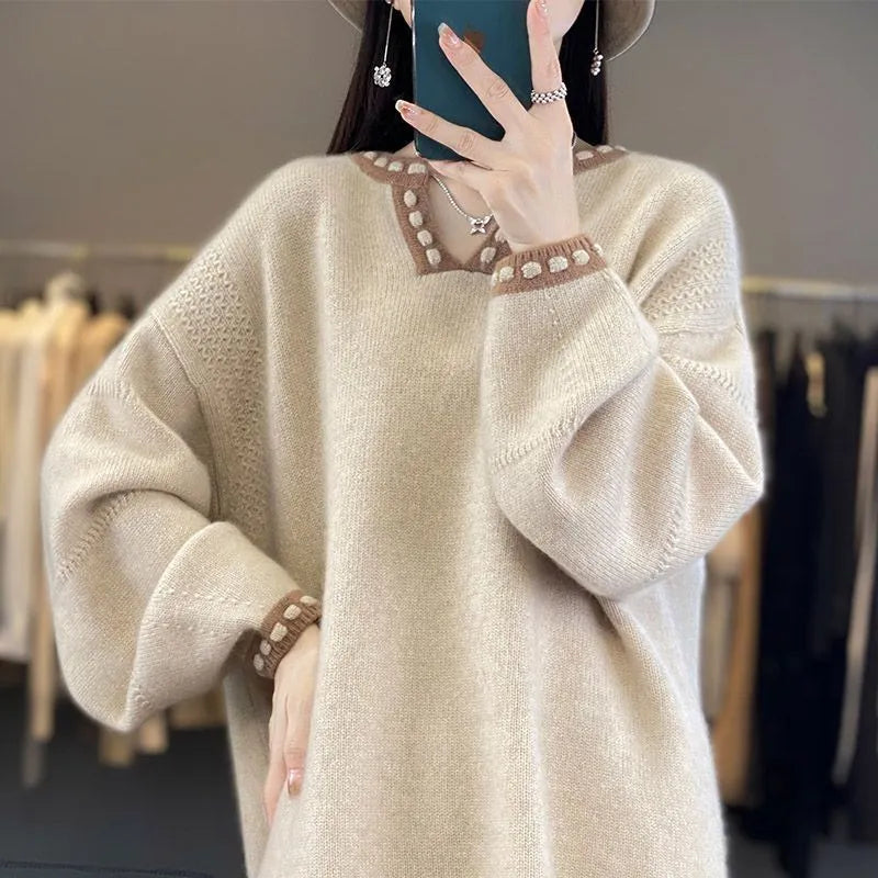 Women's V-neck pullover sweater in viscose fibre, camel colour, long sleeves, size S to 3XL