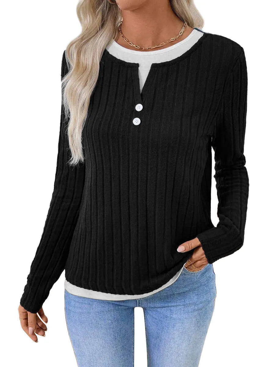 Women's black fake two-piece round neck pullover sweater with concave stripe texture
