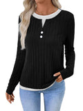 Women's black fake two-piece round neck pullover sweater with concave stripe texture