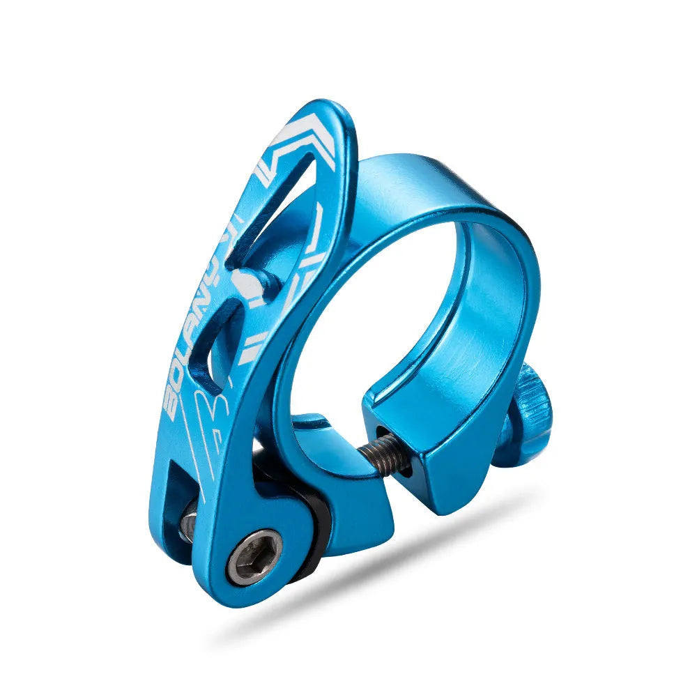 Aluminium alloy mountain bicycle seat post clamp in black, blue, gold, and red colour options.
