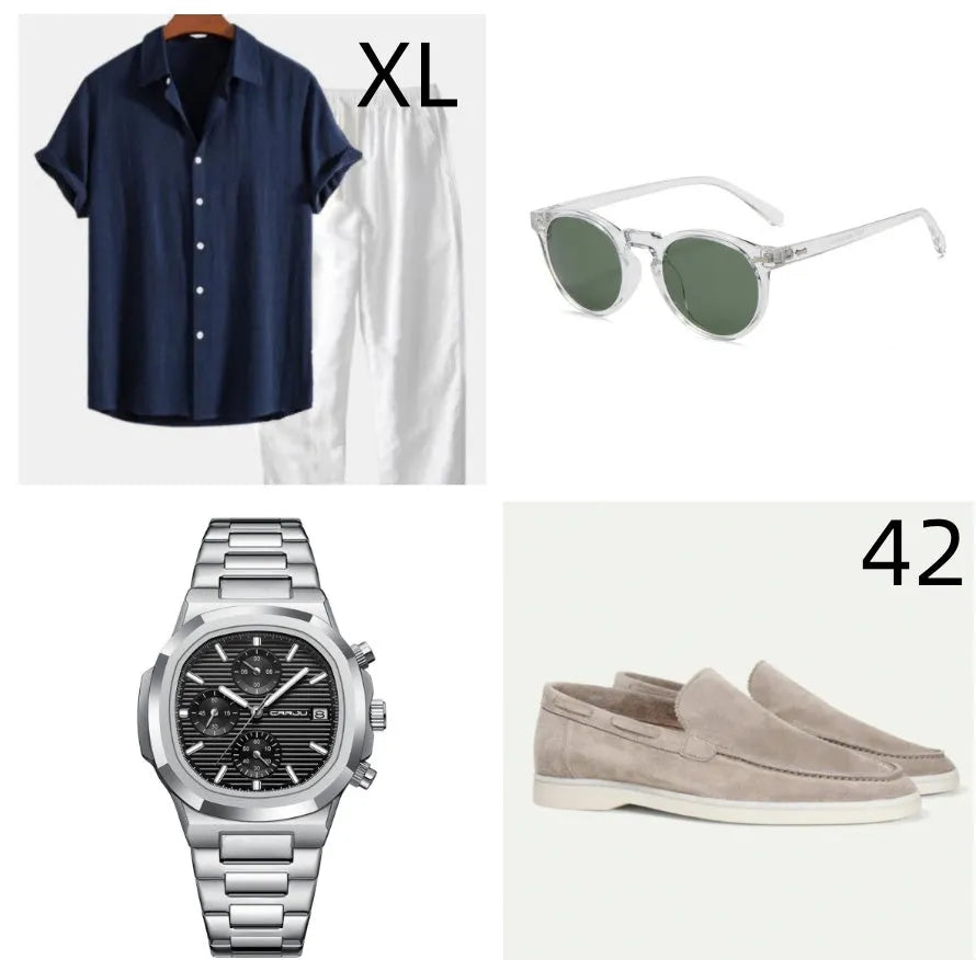 Casual cotton linen short sleeve suit in navy blue with half sleeves and matching trousers