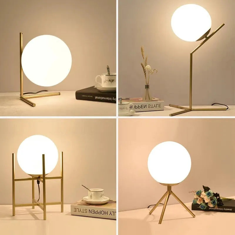 Creative LED table lamp with glass shade in one of three style sizes, showing push button for three-tone light control.