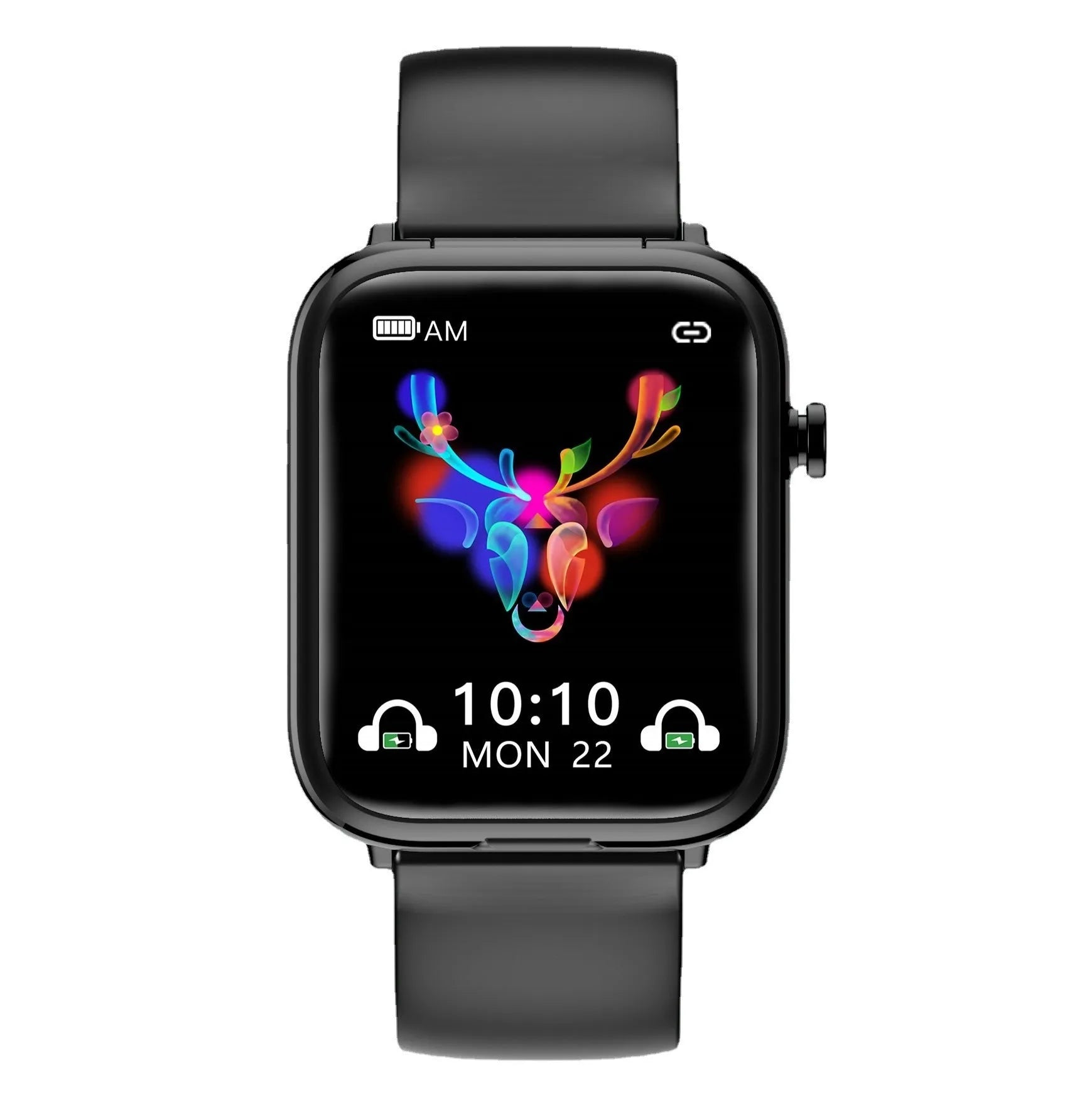 Black smart watch with 1.69-inch touch screen and zinc-aluminium alloy body showing fitness metrics display