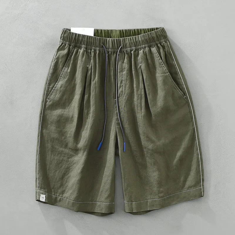 Men's loose straight linen shorts in black or green with drawstring waist