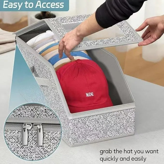 Grey foldable storage box for baseball caps and organisation measuring 42cm by 22cm by 17cm